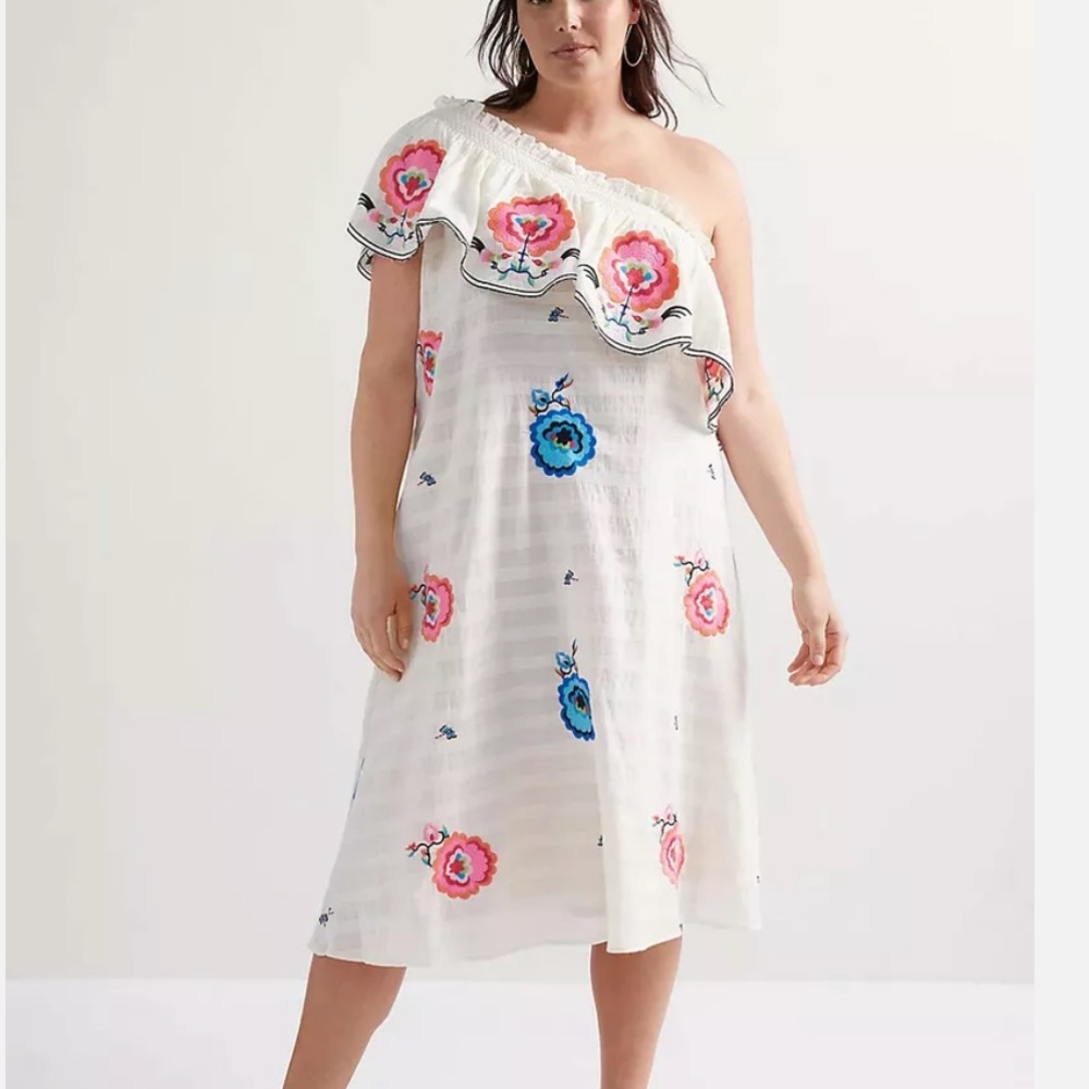🆕 Anthropologie Plenty Embroidered One-Shoulder Maxi Dress sz XL fits like 2X